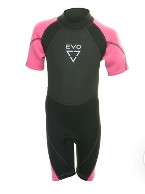 EVO Kid's Shorty 2mm Wetsuit pink & black colorway w/durable flatlock stitching